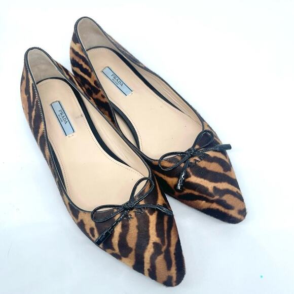 Prada Black Brown Leopard print calf hair Pointed toe ballet flats EU 37.5 - Picture 10 of 10